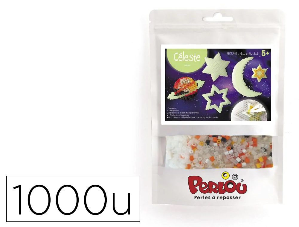 KIT PERLES A REPASSER PERLOU CELESTE PHOSPHORESCENT COLORIS ASSORTIS 1000 PERLES + 2 PLAQUES A PICOTS TRANSPARENTS