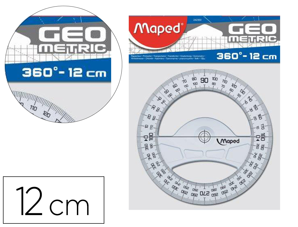 RAPPORTEUR MAPED GEOMETRIC CIRCULAIRE 360 DIAMETRE 12CM PLASTIQUE RECYCLE COLORIS     TRANSPARENT SACHET INDIVIDUEL