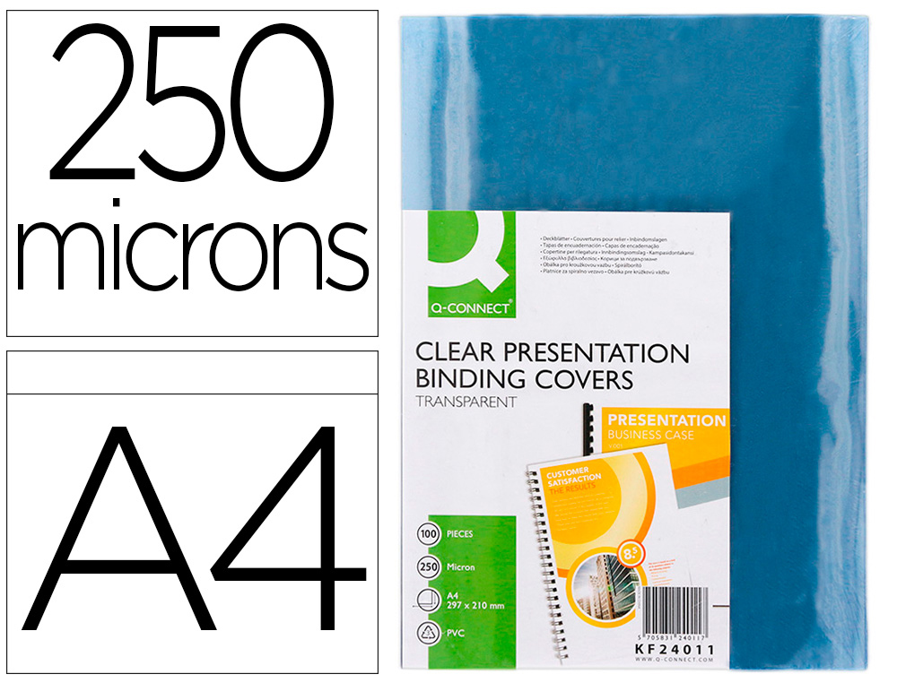 PLAT COUVERTURE Q-CONNECT PVC 250 MICRONS A4 RELIEURS SPIRALES PEIGNES ANNEAUX INCOLORE PAQUET 100 UNITS