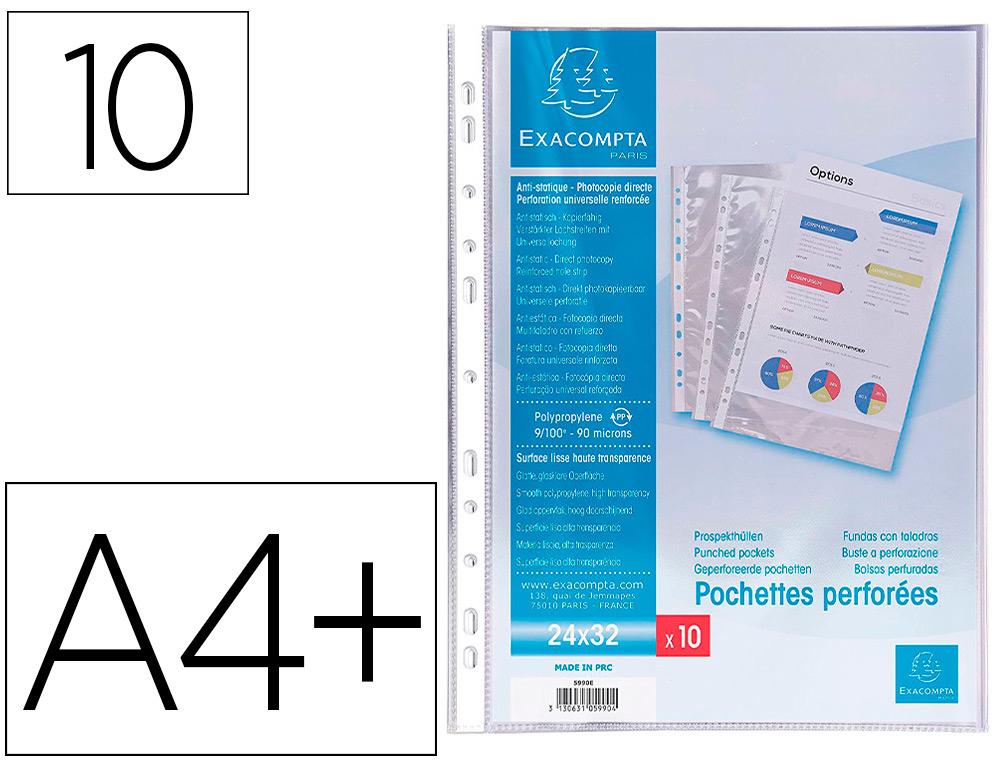 POCHETTES POLYPROPYLENE EXACOMPTA PERFOREES LISSE     9/100E VERTICAL 240X320MM -   POCHETTE DE 10U