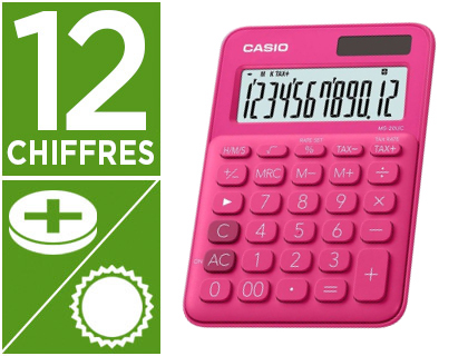 CALCULATRICE CASIO BUREAU MS-20UC-RD GRAND CRAN 12 CHIFFRES CALCUL TAXES CORRECTION RAPIDE MMOIRE INDPENDANTE ROUGE