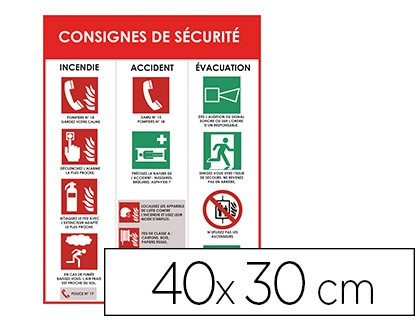 PANNEAU CONSIGNES DE SECURITE PVC SOUPLE INCENDIE ACCIDENT  EVACUATION 40X30CM BLANC      ROUGE