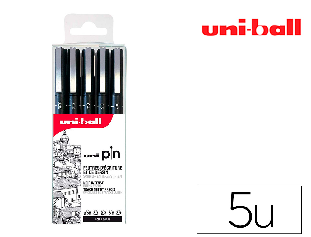 POCHETTE 5 FEUTRES TECHNIQUES UNIBALL PIN POINTE CALIBRE O,01MM/0,3M/0,5MM/0,6MM/0,8MM ENCRE NOIRE TRAC NET ET PRCIS