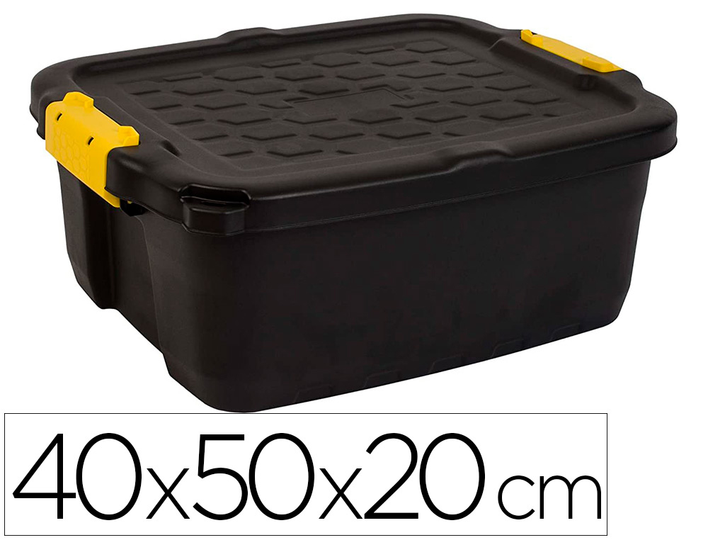 BOITE RANGEMENT STRATA HEAVY DUTY 24L POLYPROPYLENE TRES ROBUSTE 2 POIGNES CLIPS JAUNES 40X50X20CM COLORIS NOIR