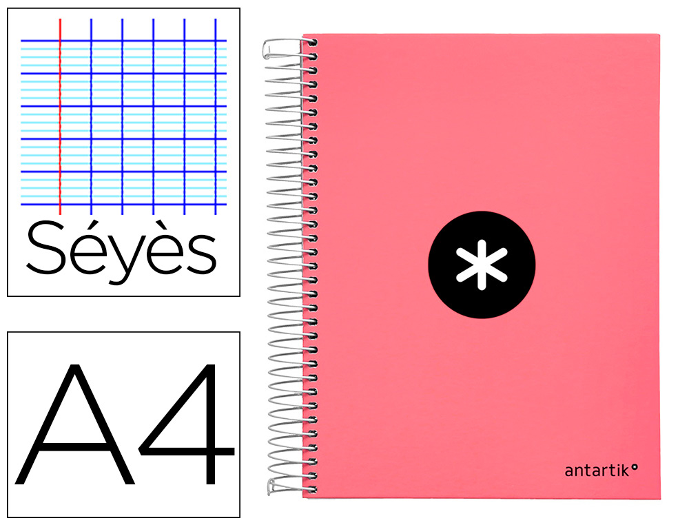 CAHIER SPIRALE ANTARTIK A4 100G COUVERTURE REMBORDEE     SEYES SANS BANDES 4 TROUS 120FCOLORIS CORAIL