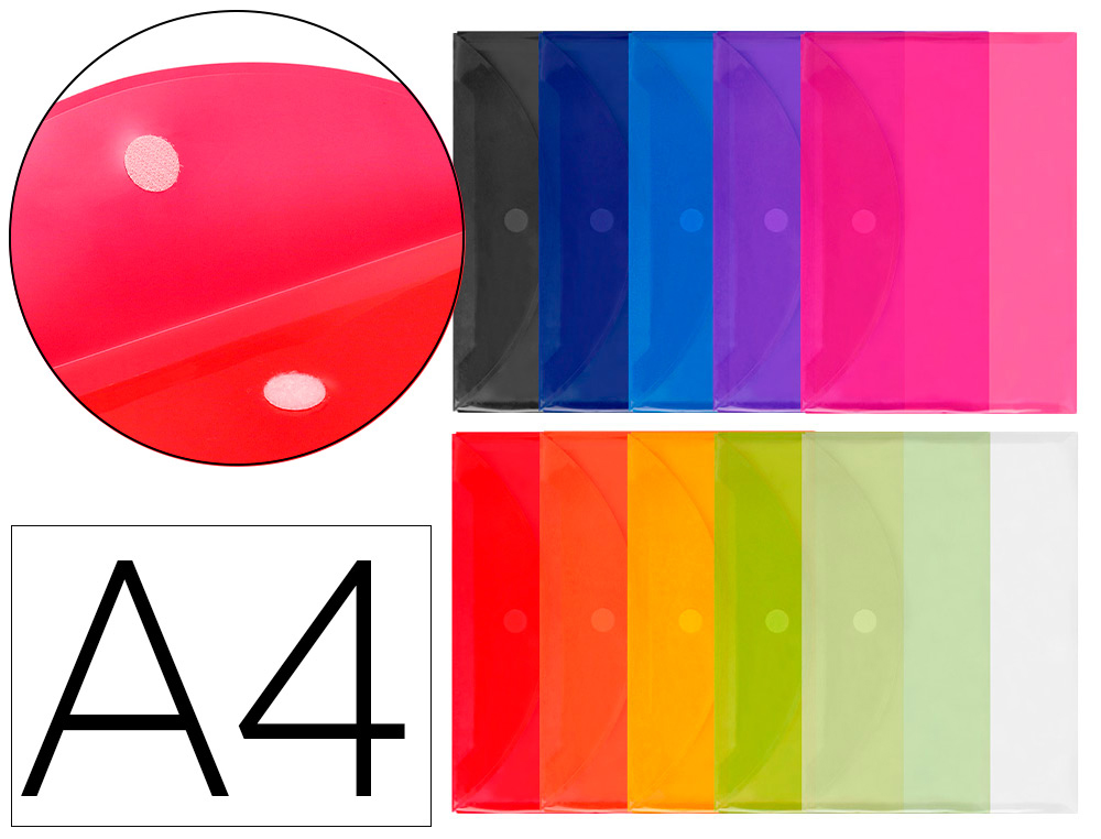 POCHETTE ENVELOPPE LIDERPAPEL POLYPROPYLNE 180 MICRONS A4 297X210MM FERMETURE VELCRO COLORIS ASSORTIS PACK 12 UNITS